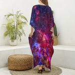 Red Purple Nebula Galaxy Space Print Silk V-Neck Kaftan Dress