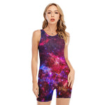 Red Purple Nebula Galaxy Space Print Sleeveless One Piece Swimsuit