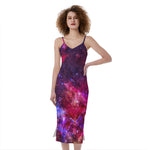 Red Purple Nebula Galaxy Space Print Slim Fit Midi Cami Dress