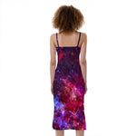 Red Purple Nebula Galaxy Space Print Slim Fit Midi Cami Dress