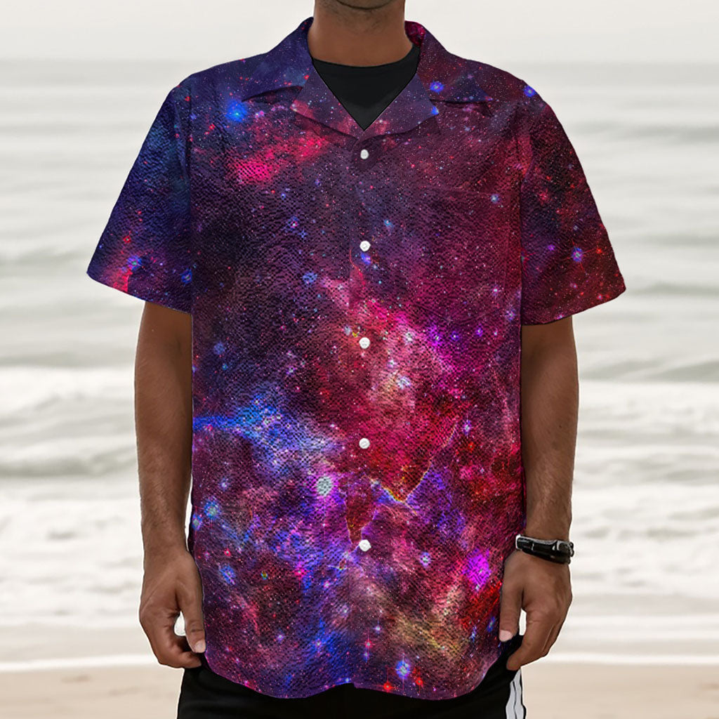 Red Purple Nebula Galaxy Space Print Textured Short Sleeve Shirt