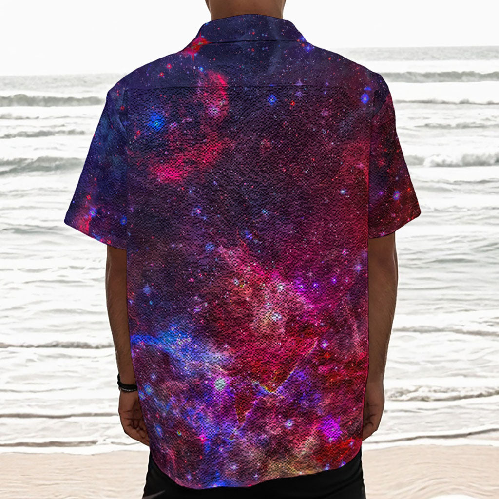 Red Purple Nebula Galaxy Space Print Textured Short Sleeve Shirt