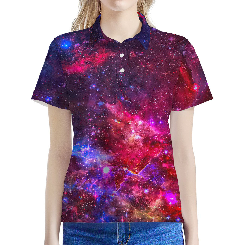 Red Purple Nebula Galaxy Space Print Women's Polo Shirt