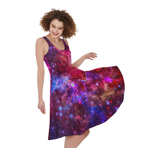 Red Purple Nebula Galaxy Space Print Women's Sleeveless Dress