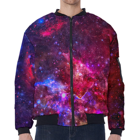 Red Purple Nebula Galaxy Space Print Zip Sleeve Bomber Jacket