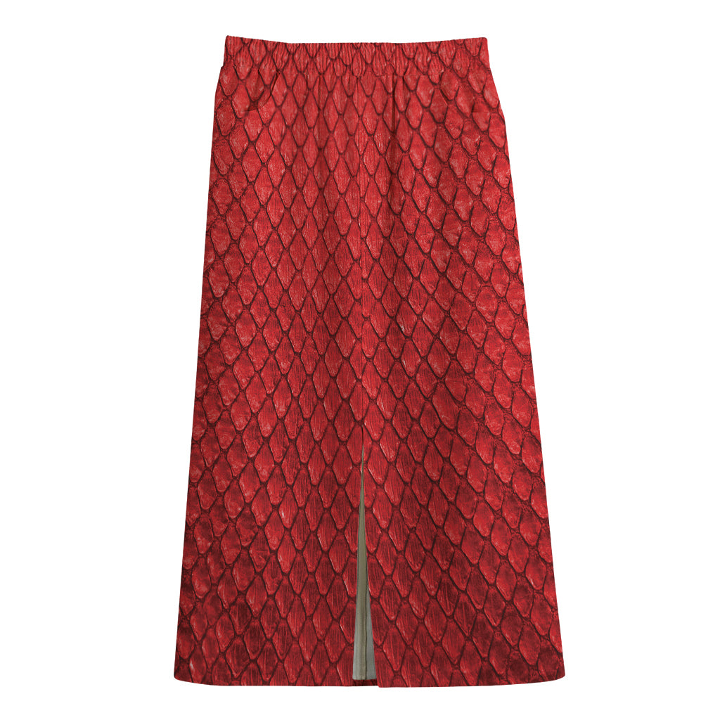 Red Python Snakeskin Print Cotton Front Slit Maxi Skirt