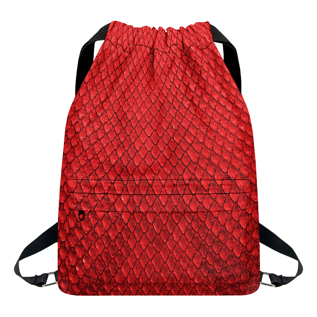 Red Python Snakeskin Print Drawstring Backpack