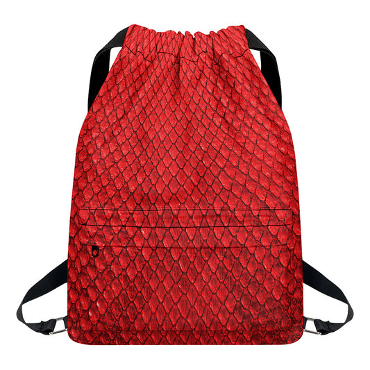 Red Python Snakeskin Print Drawstring Backpack