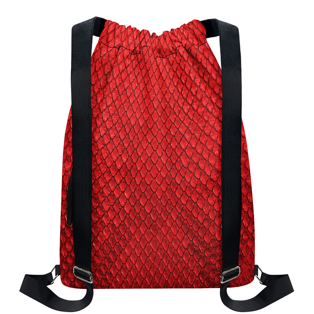 Red Python Snakeskin Print Drawstring Backpack