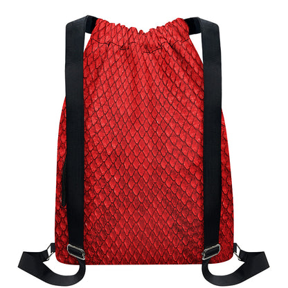 Red Python Snakeskin Print Drawstring Backpack