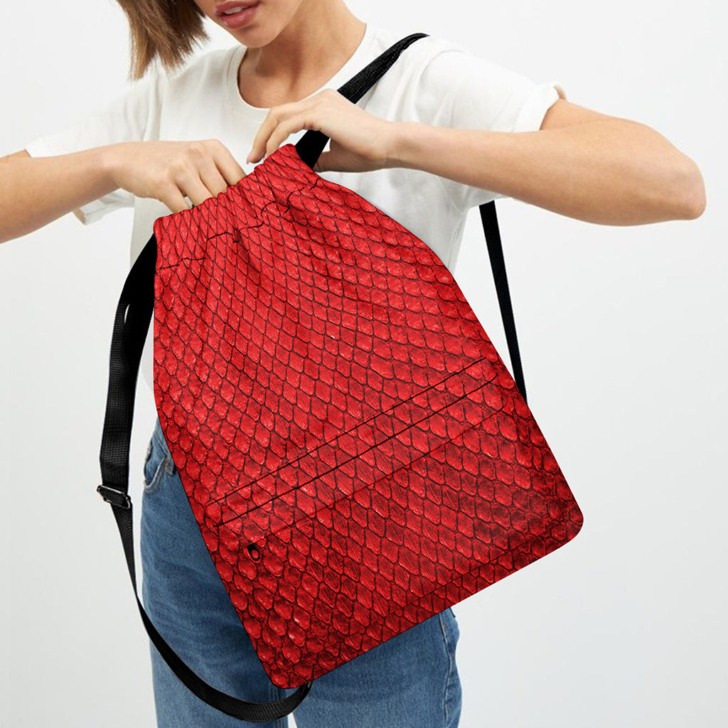 Red Python Snakeskin Print Drawstring Backpack