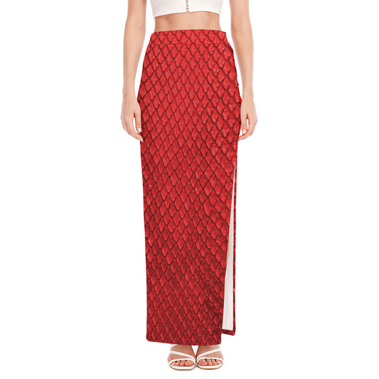 Red Python Snakeskin Print High Slit Maxi Skirt