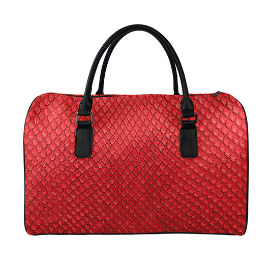 Red Python Snakeskin Print Leather Duffle Bag