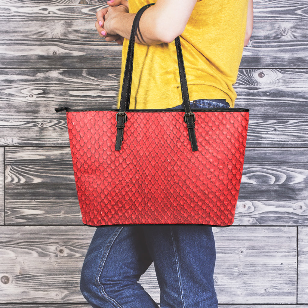 Red Python Snakeskin Print Leather Tote Bag