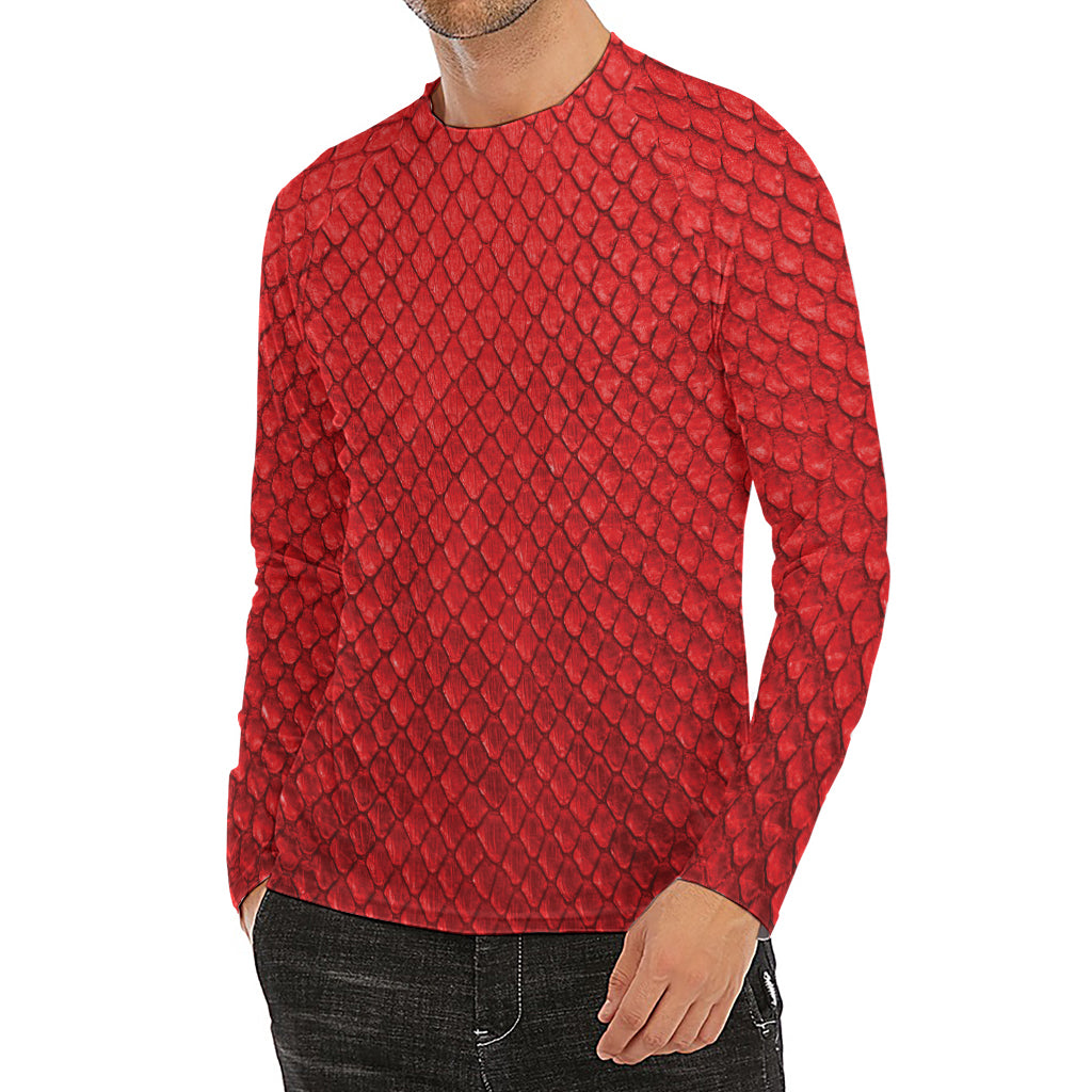 Red Python Snakeskin Print Men's Long Sleeve Rash Guard