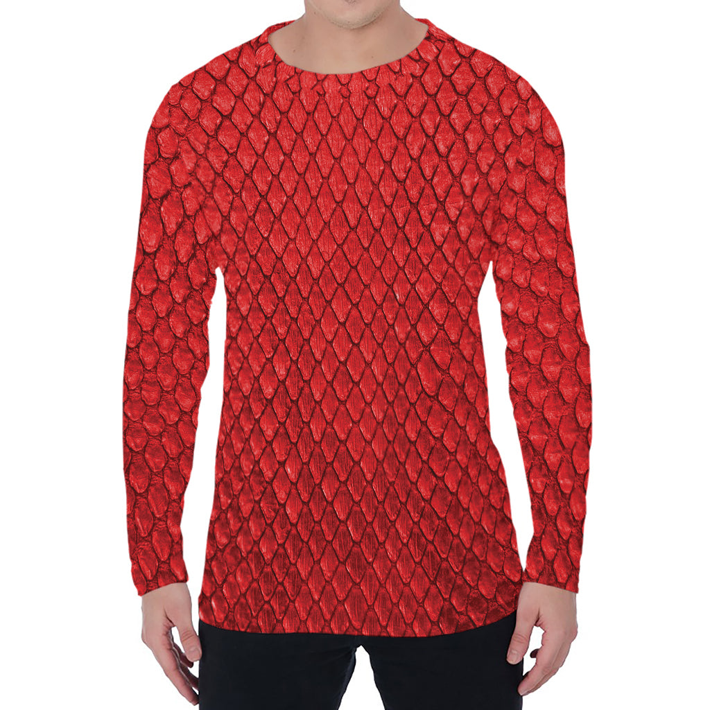 Red Python Snakeskin Print Men's Long Sleeve T-Shirt