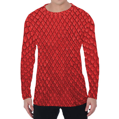 Red Python Snakeskin Print Men's Long Sleeve T-Shirt