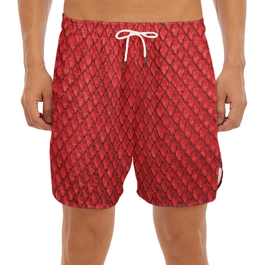 Red Python Snakeskin Print Men's Split Running Shorts