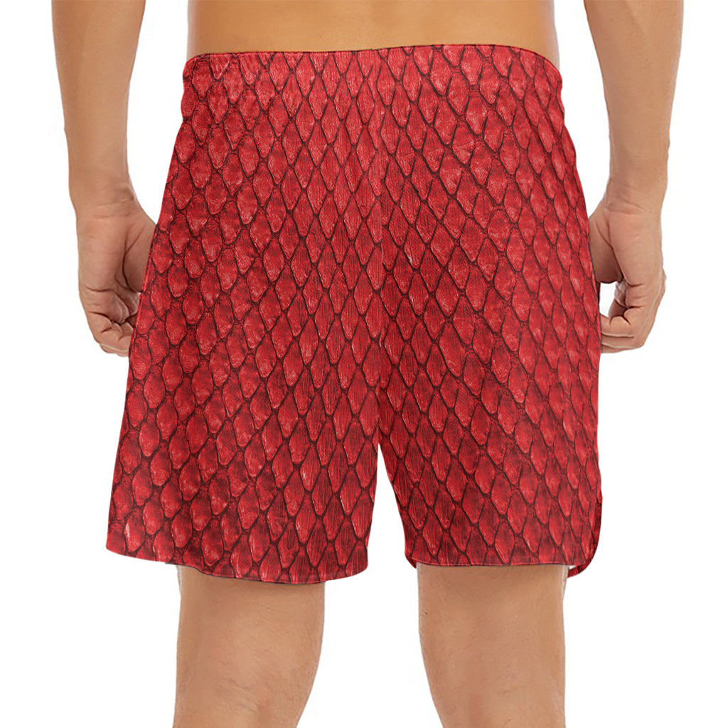 Red Python Snakeskin Print Men's Split Running Shorts