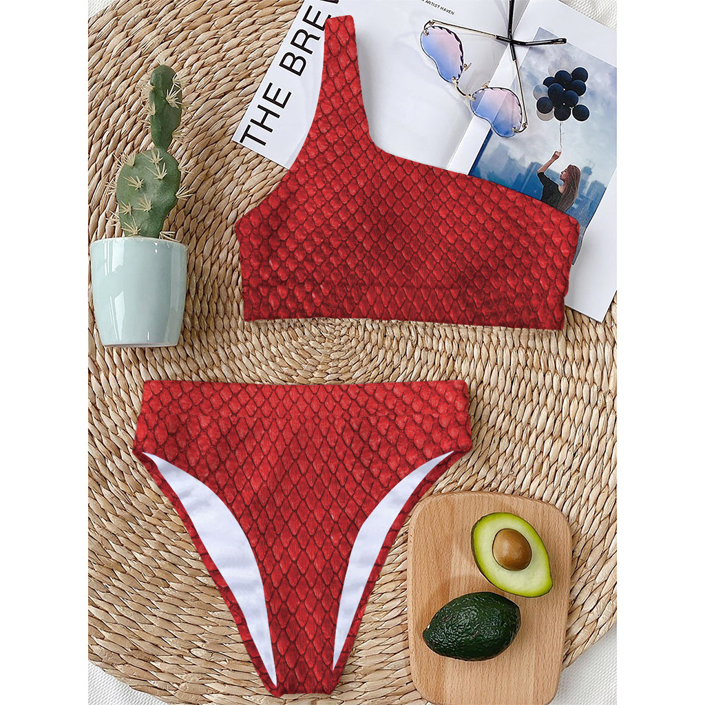 Red Python Snakeskin Print One Shoulder Bikini Top