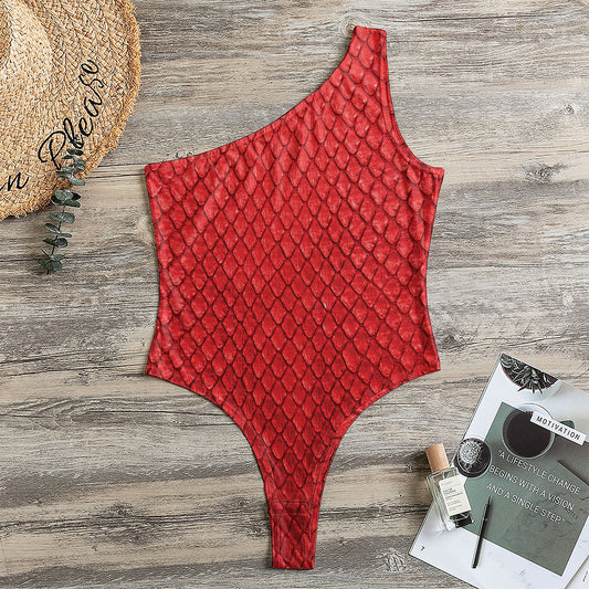 Red Python Snakeskin Print One Shoulder Bodysuit