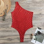 Red Python Snakeskin Print One Shoulder Bodysuit
