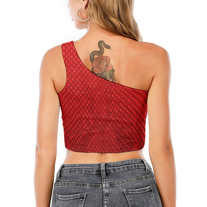 Red Python Snakeskin Print One Shoulder Crop Top