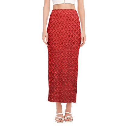 Red Python Snakeskin Print Side Slit Maxi Skirt
