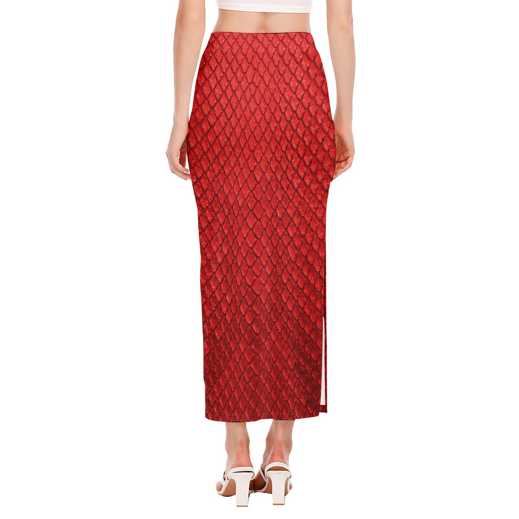 Red Python Snakeskin Print Side Slit Maxi Skirt