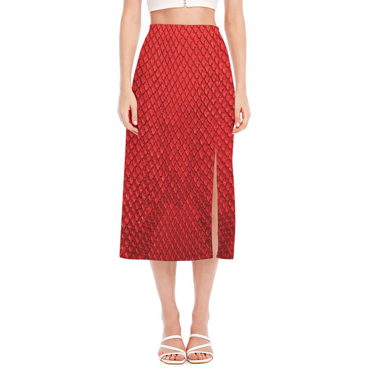 Red Python Snakeskin Print Side Slit Midi Skirt