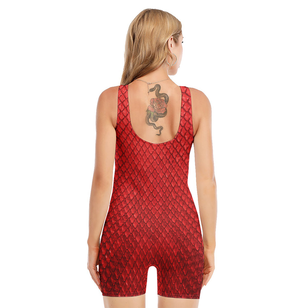 Red Python Snakeskin Print Sleeveless One Piece Swimsuit
