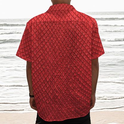 Red Python Snakeskin Print Textured Short Sleeve Shirt
