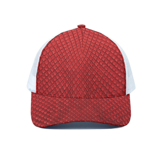 Red Python Snakeskin Print White Mesh Trucker Cap