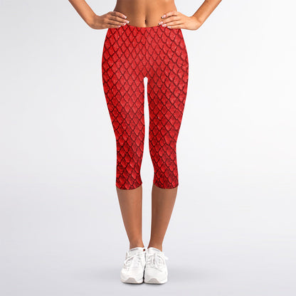 Red Python Snakeskin Print Women's Capri Leggings