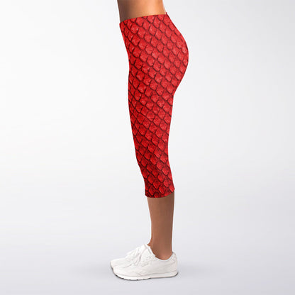 Red Python Snakeskin Print Women's Capri Leggings