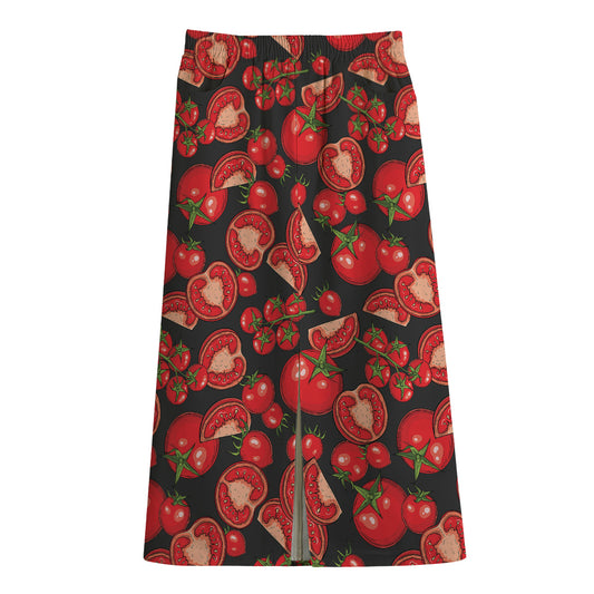 Red Ripe Tomatoes Pattern Print Cotton Front Slit Maxi Skirt