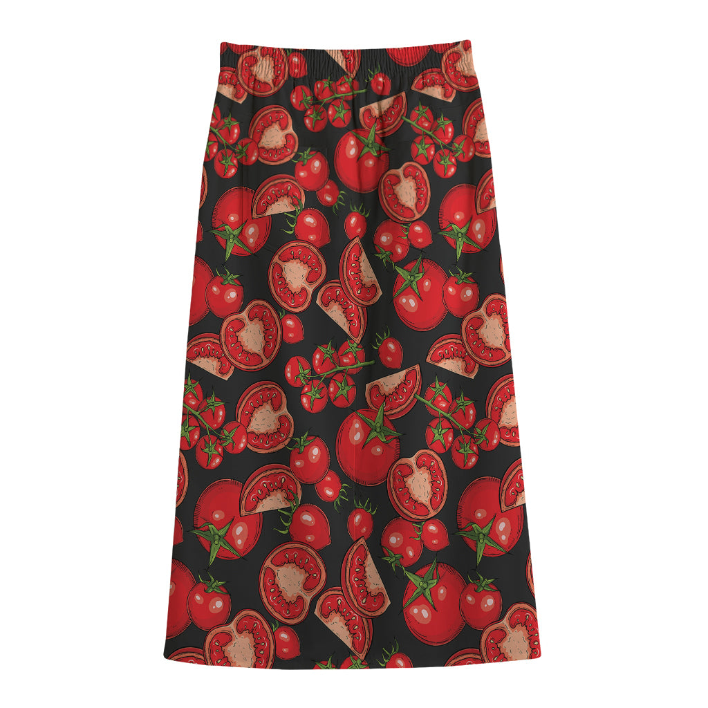 Red Ripe Tomatoes Pattern Print Cotton Front Slit Maxi Skirt