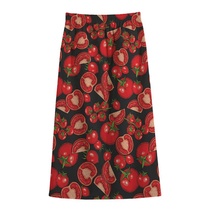 Red Ripe Tomatoes Pattern Print Cotton Front Slit Maxi Skirt