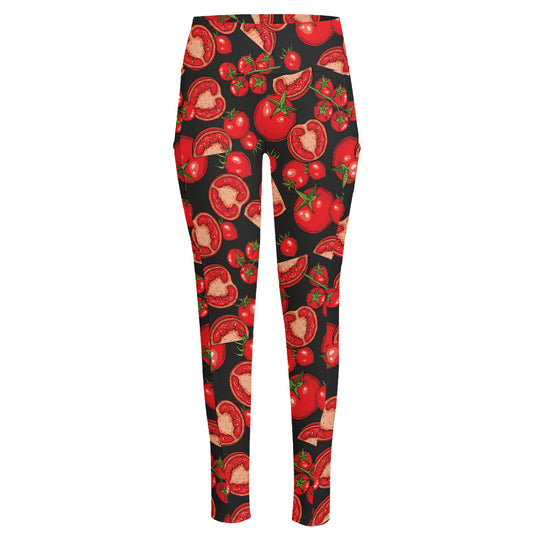 Red Ripe Tomatoes Pattern Print High-Waisted Pocket Leggings