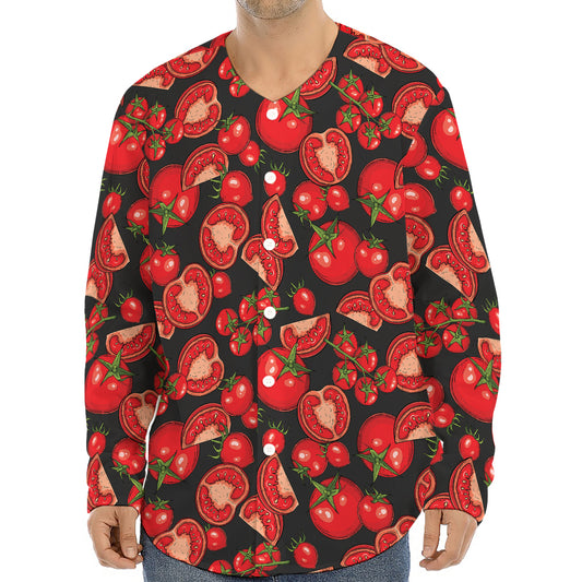 Red Ripe Tomatoes Pattern Print Long Sleeve Baseball Jersey