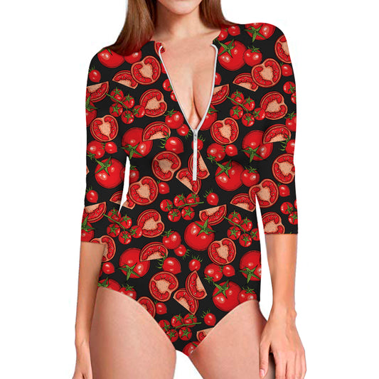 Red Ripe Tomatoes Pattern Print Long Sleeve Swimsuit