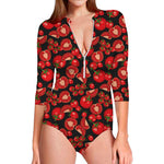 Red Ripe Tomatoes Pattern Print Long Sleeve Swimsuit