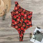 Red Ripe Tomatoes Pattern Print One Shoulder Bodysuit