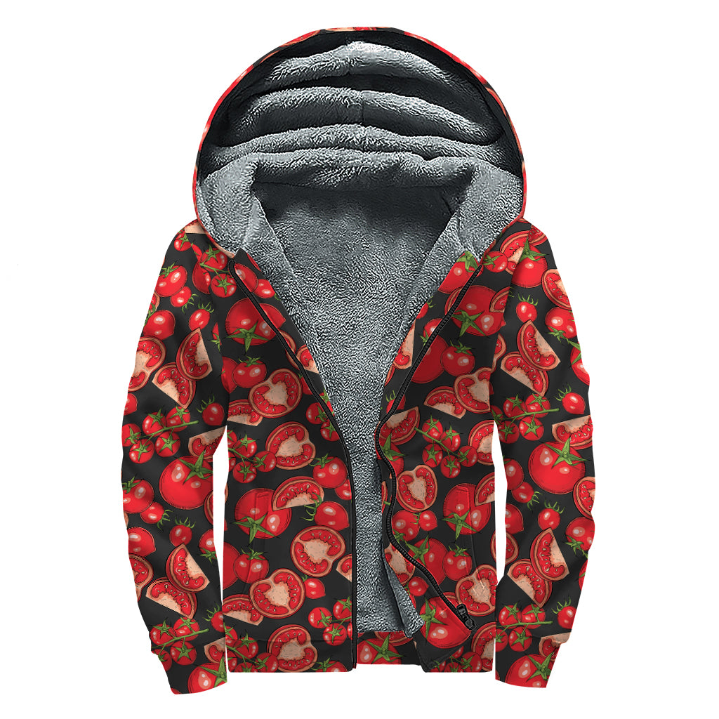 Red Ripe Tomatoes Pattern Print Sherpa Lined Zip Up Hoodie