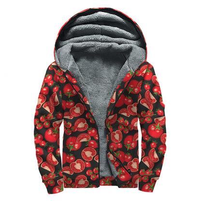 Red Ripe Tomatoes Pattern Print Sherpa Lined Zip Up Hoodie