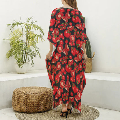 Red Ripe Tomatoes Pattern Print Silk V-Neck Kaftan Dress