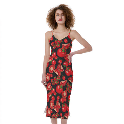 Red Ripe Tomatoes Pattern Print Slim Fit Midi Cami Dress