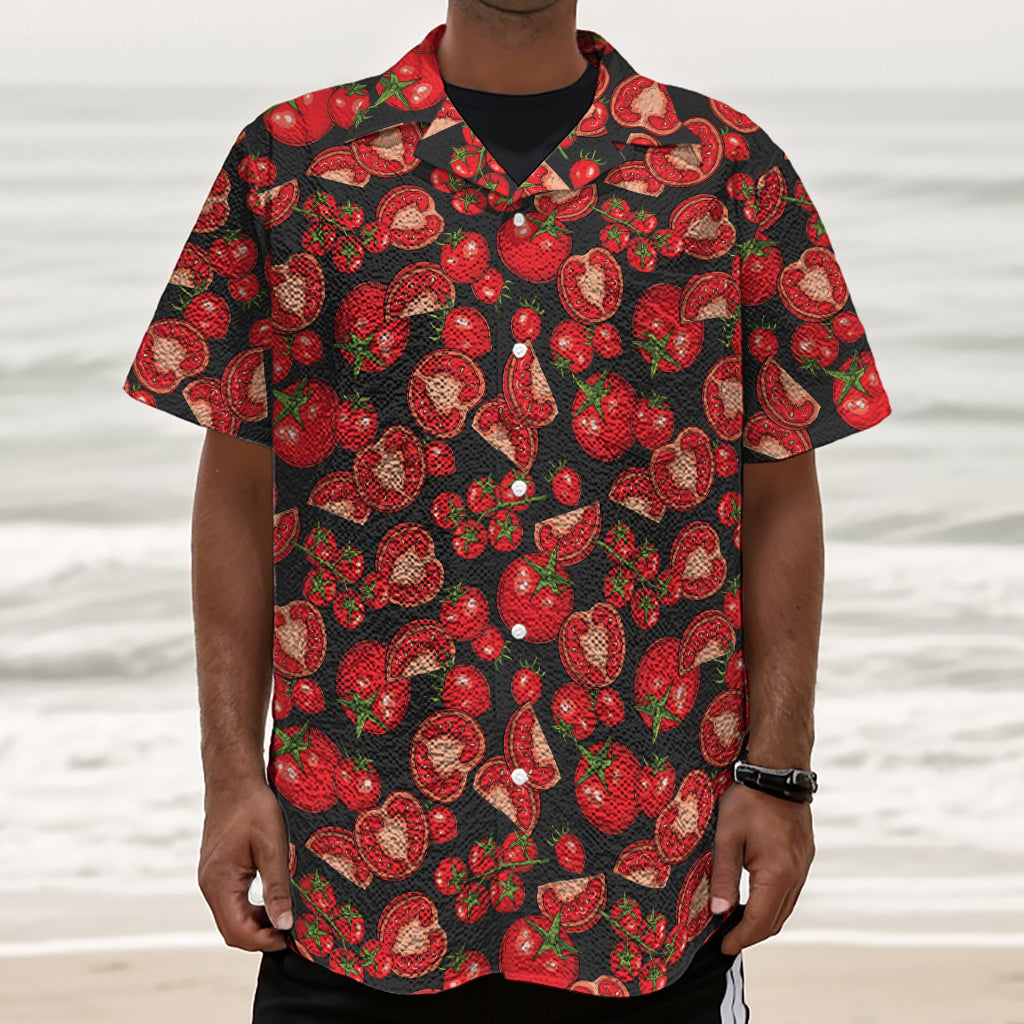 Red Ripe Tomatoes Pattern Print Textured Short Sleeve Shirt
