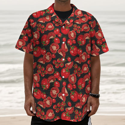 Red Ripe Tomatoes Pattern Print Textured Short Sleeve Shirt