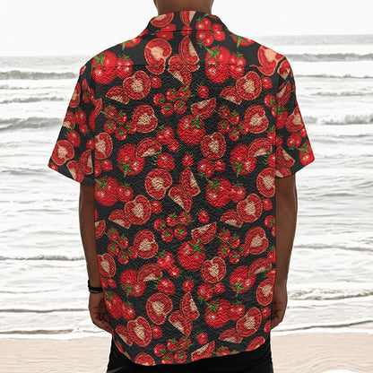 Red Ripe Tomatoes Pattern Print Textured Short Sleeve Shirt